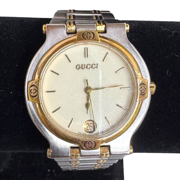 GUCCI Two Tone 9000M Quartz Gold Dial Men’s Womens watch Fast Shipping Authentic - Picture 2 of 6